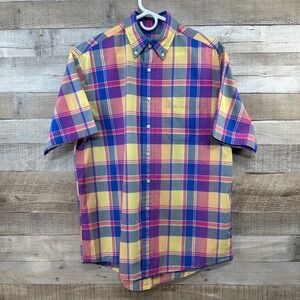 Jos. A. Bank Mens Stays Cool Plaid Button Down Shirt Yellow Pink Purple Size M